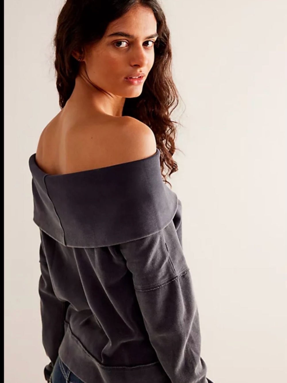 We The Free Washed Antique Blue Off-Shoulder Sweatshirt NWT